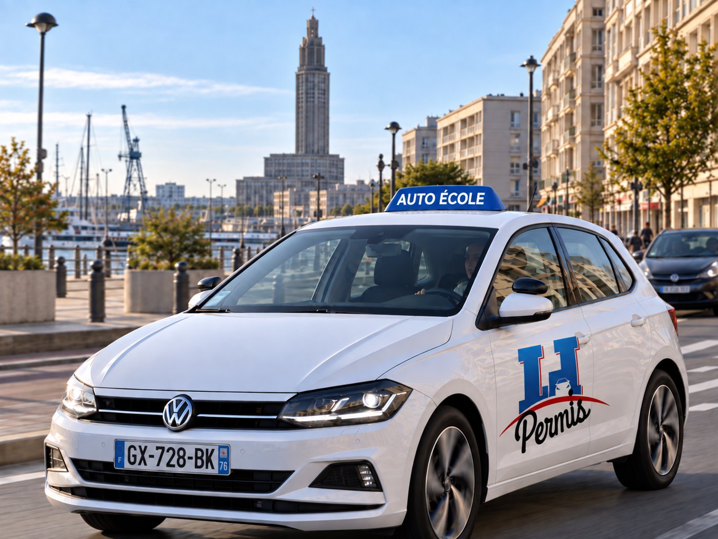 Voiture-école LH Permis (Polo blanche) devant Saint-Joseph, au Havre